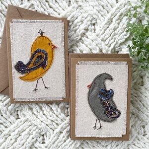 Handcrafted Fabric Stitched Greeting Card Set of Two Whimsical Bird Paisley